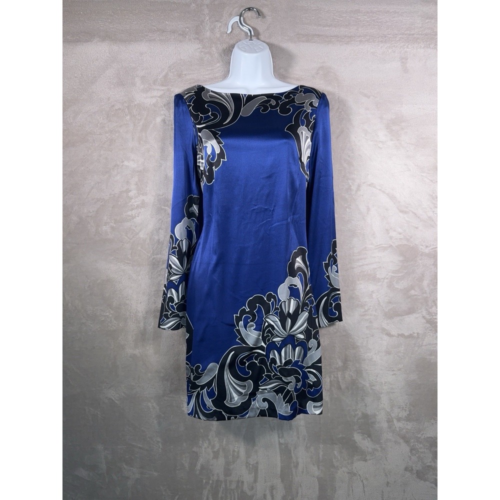 CACHE Dress Womens Size 4 Blue Floral Satin Y2K Glam Vegas Party Night Out